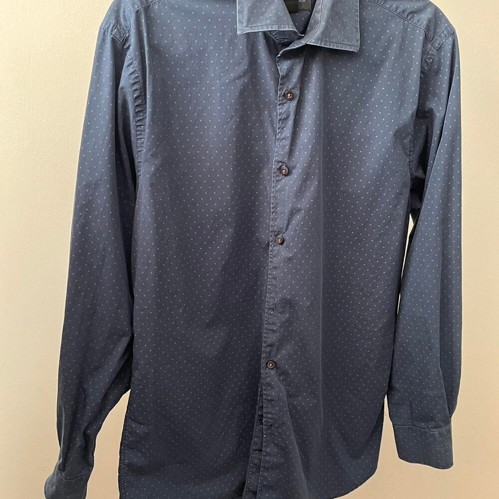 Men's Dress Shirt Long Sleeve Dark Navy Blue Polka Dots Size L